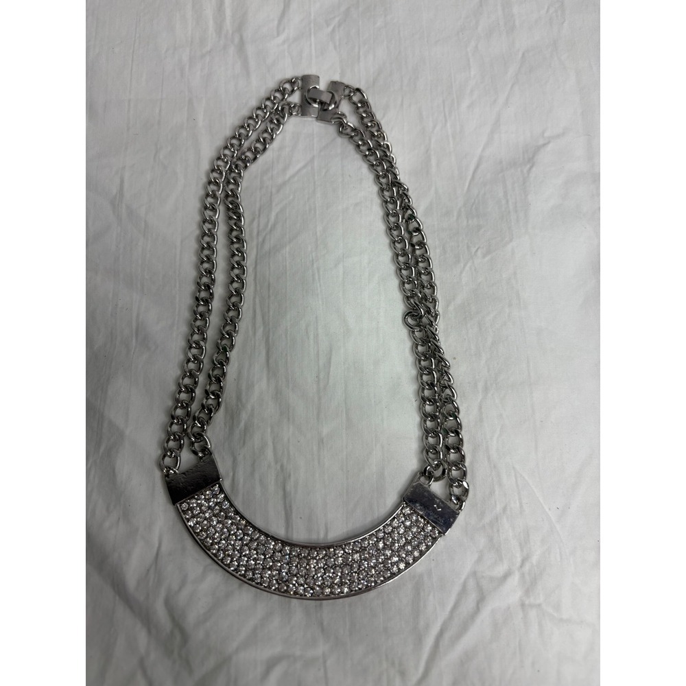 Chunky Rhinestone Statement Necklace Silver Tone Double Chain Bib